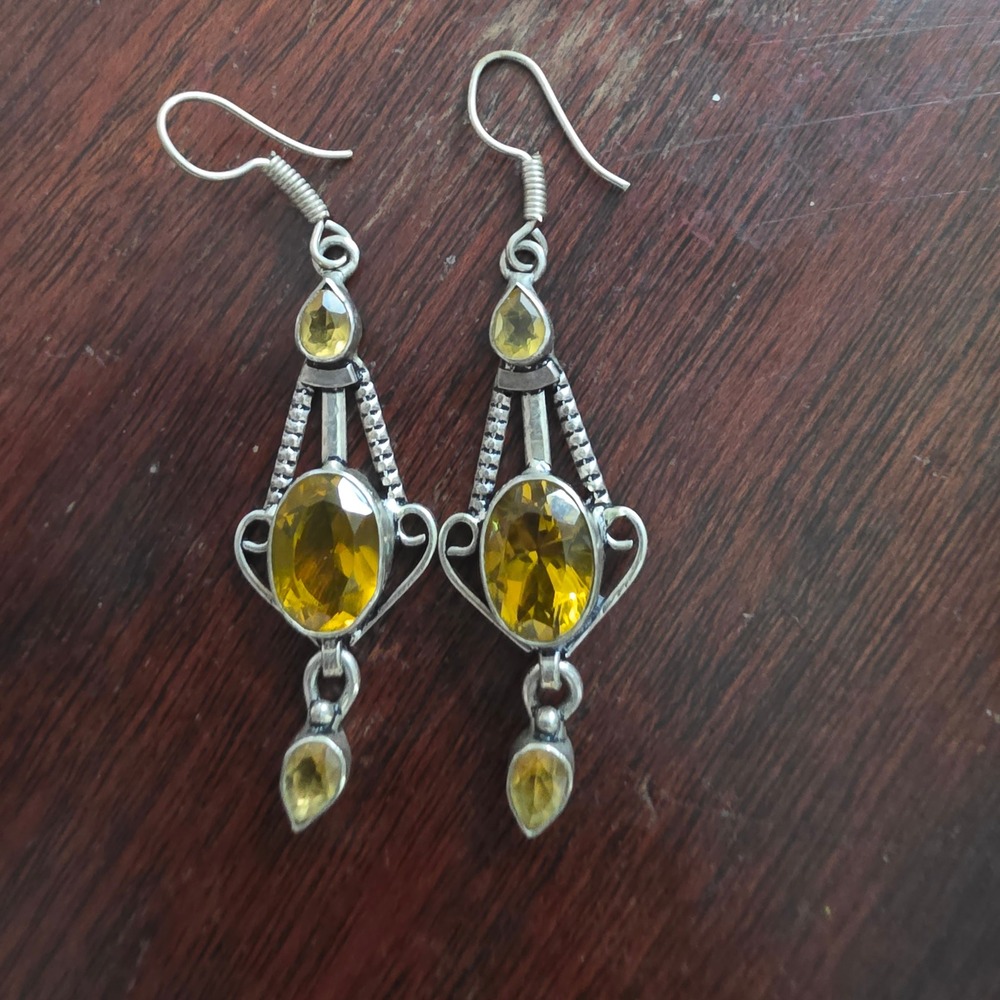 Vintage Sterling Silver Tourmaline Dangle Earrings Bohemian Drop Jewelry